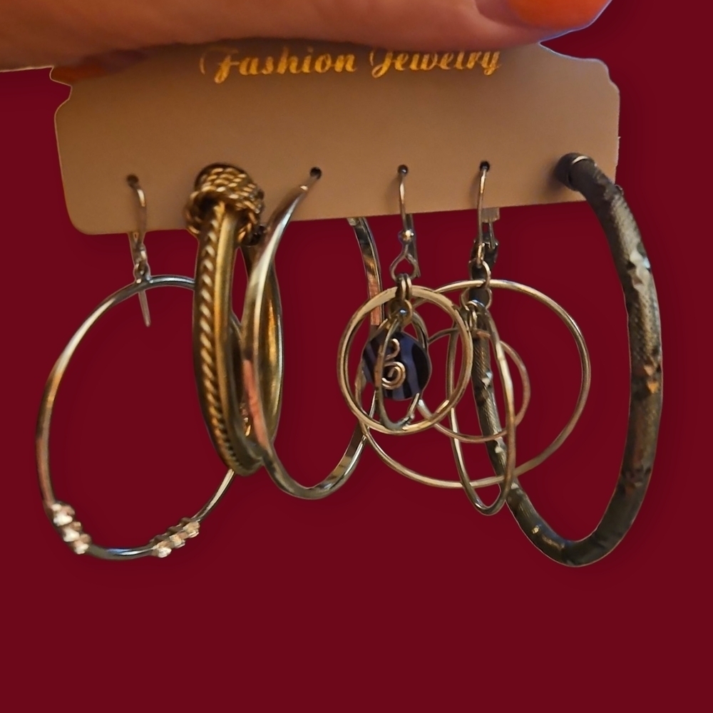 Vintage Six Single Silvertone Hoop Earring Set